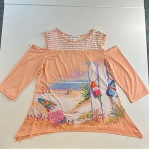 Ellen Negley Peach Beach Scene Cold Shoulder Top Size M